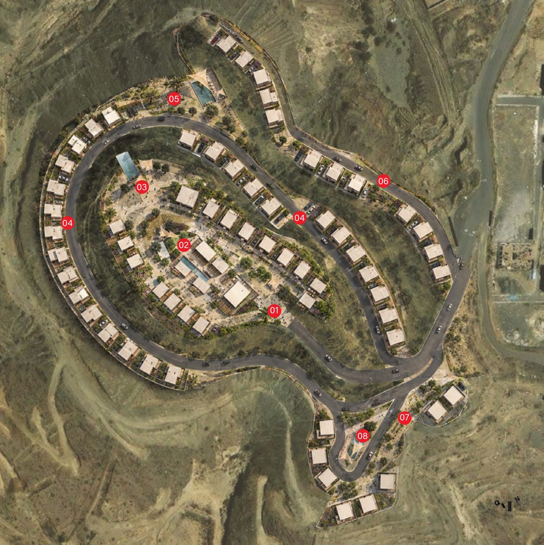 Aerial masterplan of the PLATEAU compound with numbered zones